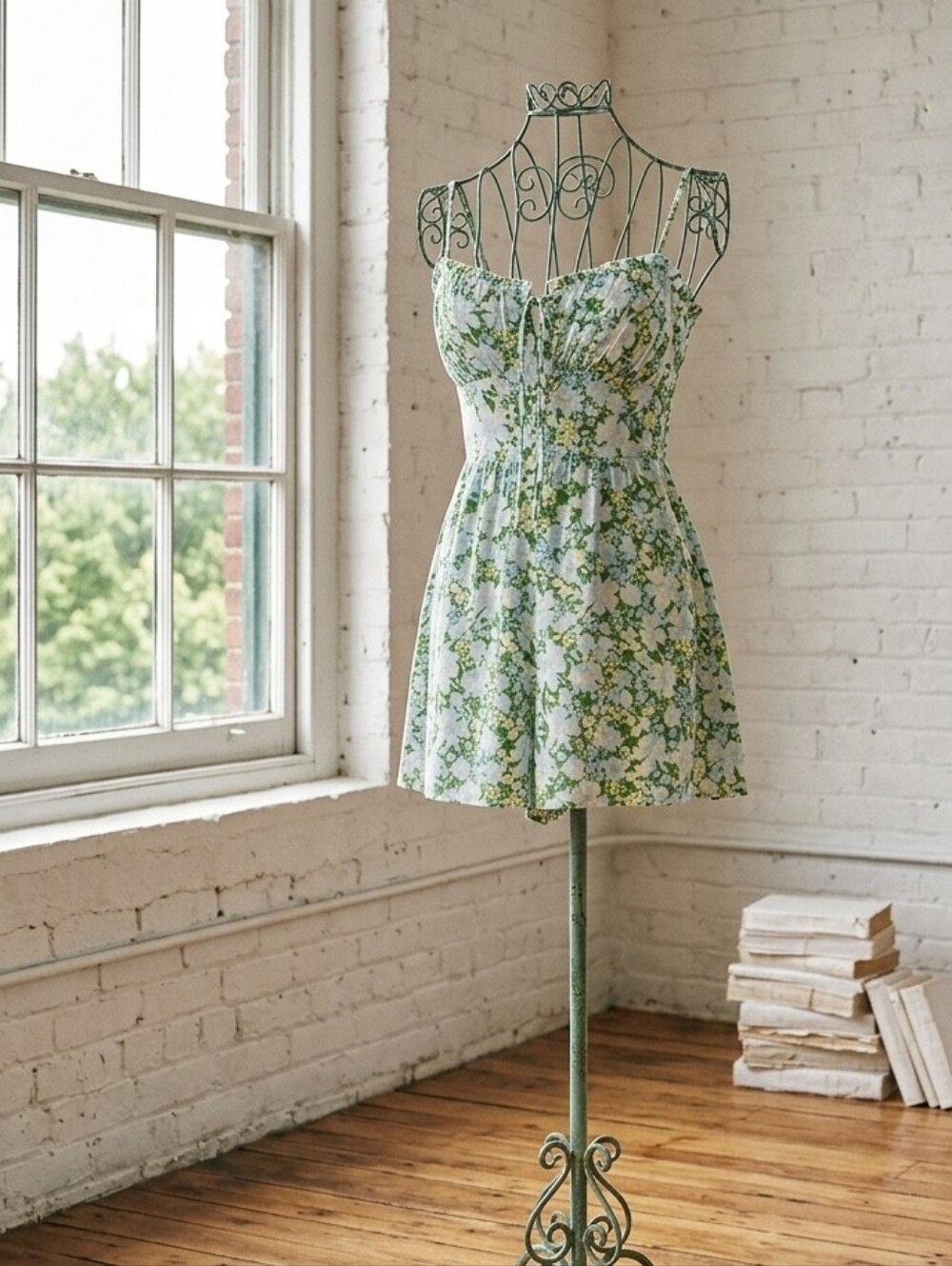 Love Tree Green and White Floral Sundress Romper